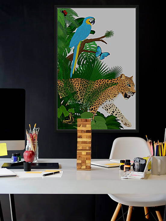 Vector jungle rainforest foliage vertical border illustration with blue macaw jaguar and butterflies by Save Jungle