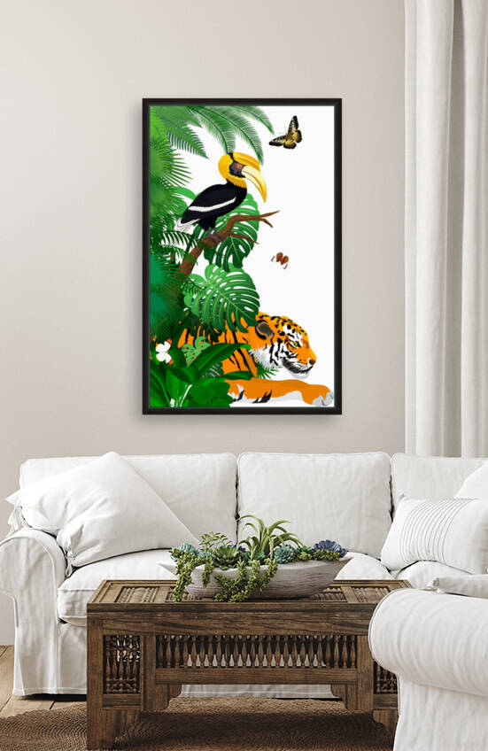 Vector jungle rainforest foliage vertical border illustration with tiger great hornbill and butterflies by Save Jungle