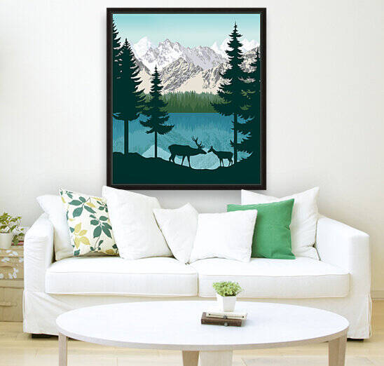 vector mountains with lake and couple of white tailed deers by Save Jungle