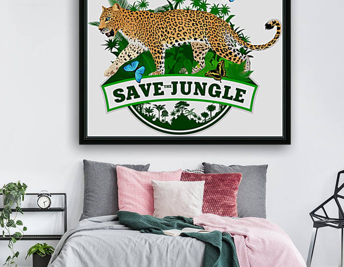 vector tropical jungle rainforest emblem with jaguar and blue morpho butterfly by Save Jungle