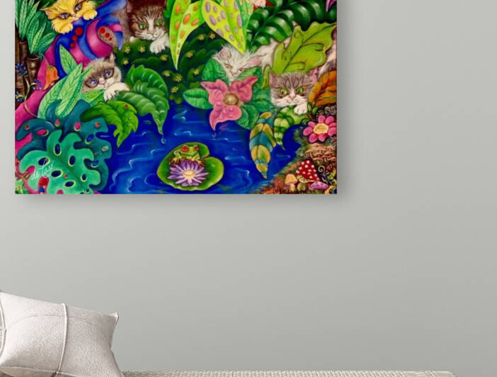 Cats playing in the garden with a frog by deCaso Art