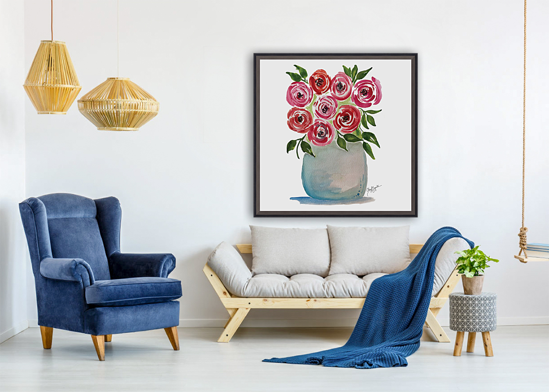 Blue Vase Roses Reproduction
