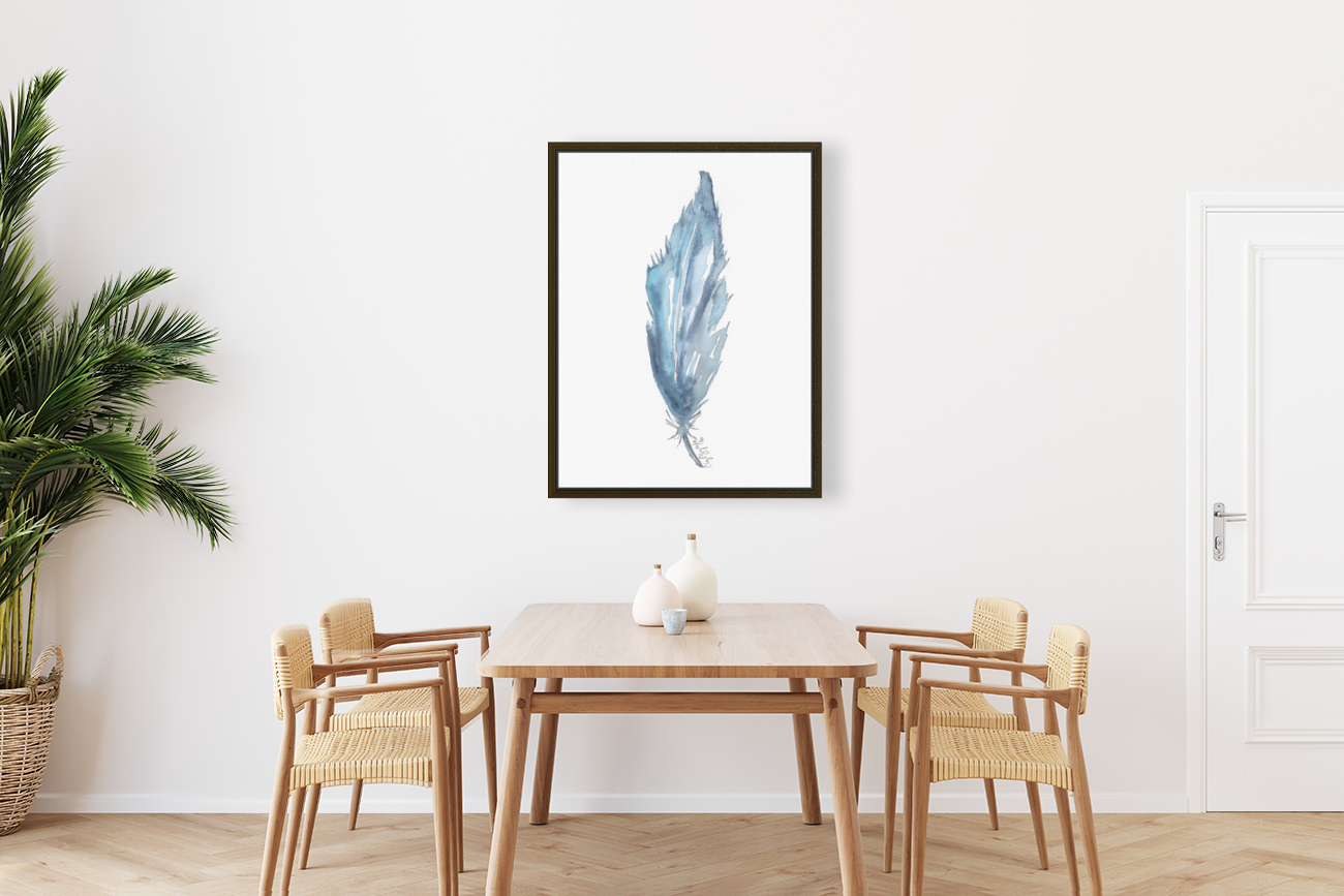 Blue Watercolor Feather Reproduction