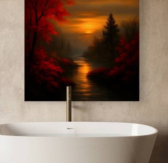 Autumn Sunset Landscape: Serene River Vibrant Fall Foliage & Golden Sky by abdodd