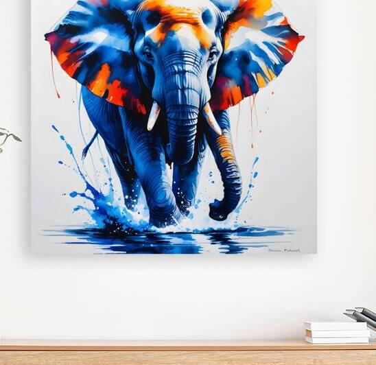Vibrant Watercolor Elephant Art: Majestic Blue & Orange Splash Painting by abdodd