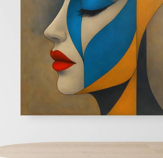 Abstract Cubist Woman Portrait Poster – Modern Geometric Art with Bold Colors and Red Lips by abdodd