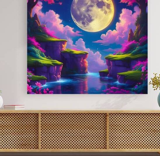 Fantasy Moonlit Landscape Wall Art – Vibrant Surreal Nature Canvas with Pink Trees & Glowing MoonVibrant and fantastical digit by abdodd