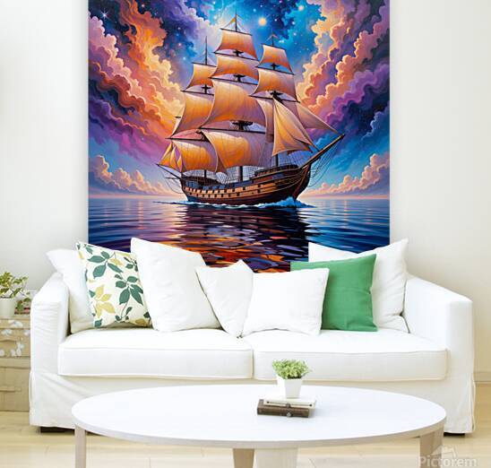 Surreal Sailing Ship Poster – Vibrant Cosmic Ocean Painting with Colorful Sails & Dreamlike Sky by abdodd