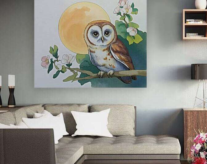 Hand-Drawn Owl Wall Art – Mystical Full Moon Nature Illustration with Blossoms by abdodd