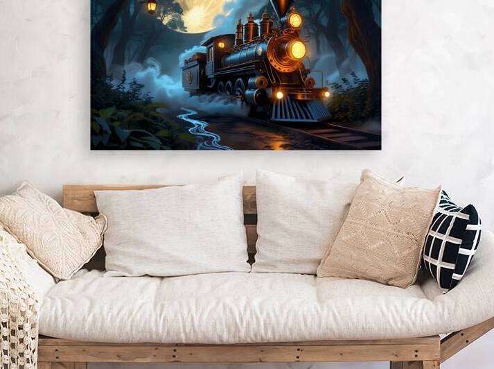 Mystic Midnight Train Wall Art – Vintage Steam Locomotive Under Full Moon Night by abdodd
