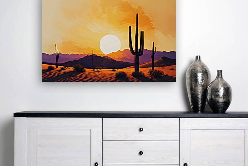 Desert Sunset Wall Art | Cactus Silhouette Poster | Warm Minimalist Landscape Print by abdodd