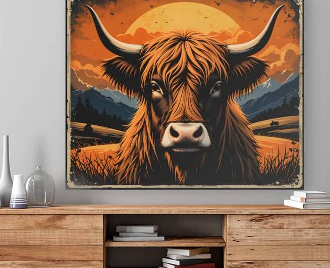 Highland Cow Wall Art  Rustic Farmhouse Decor  Sunset Mountain Landscape Print by abdodd