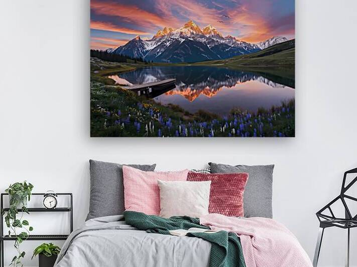 Majestic Mountain Range Art – Sunrise Over Snow-Capped Peaks and Alpine Lake by abdodd
