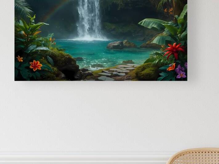 Enchanted Waterfall Wall Art – Tropical Jungle Scene with Glowing Fireflies by abdodd