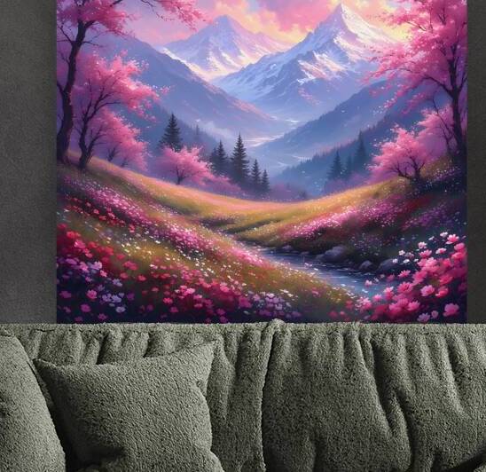 Sunset Over Wildflower Valley – Vibrant Mountain Landscape Wall Art Print by abdodd
