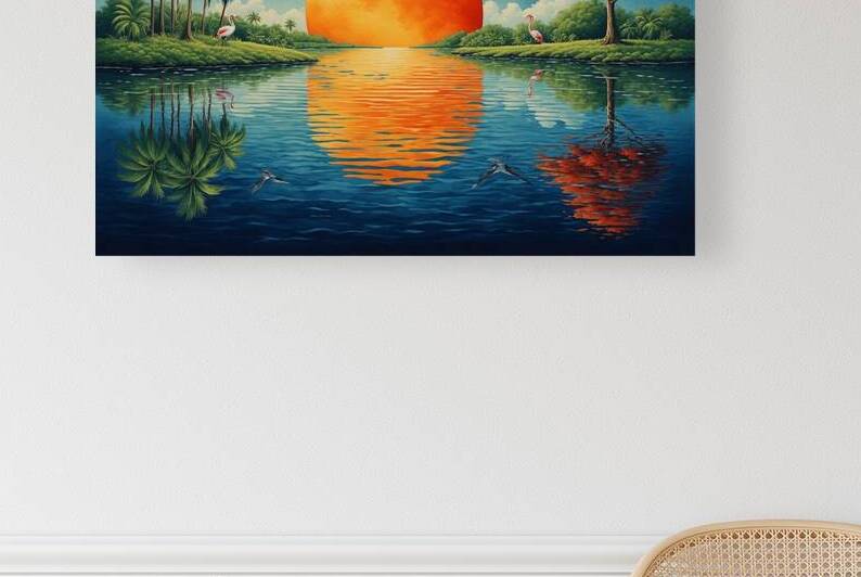 Tropical Sunset Flamingo Lagoon – Exotic Palm Tree and Bird Wall Art Prin by abdodd
