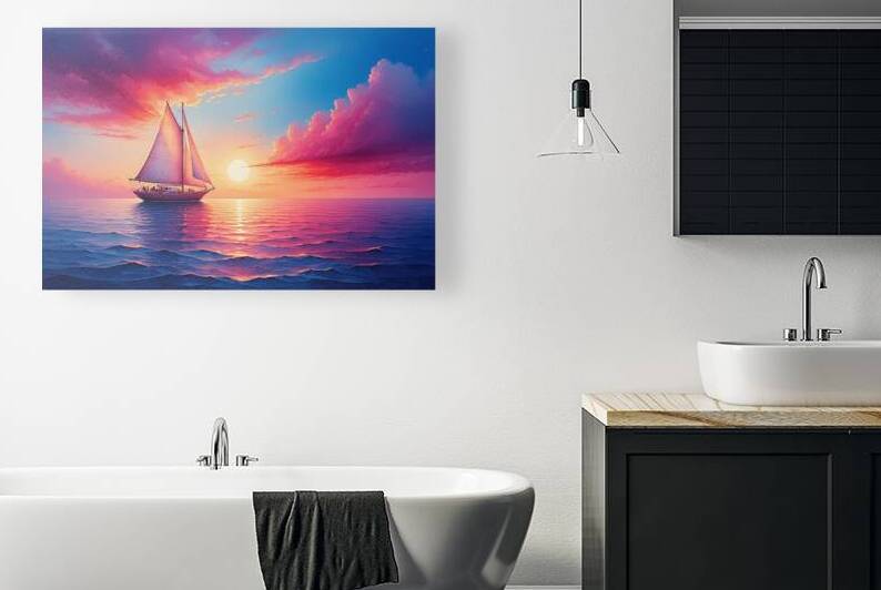 Sailing into Sunset – Serene Ocean Sailboat Wall Art Nautical Seascape Print by abdodd