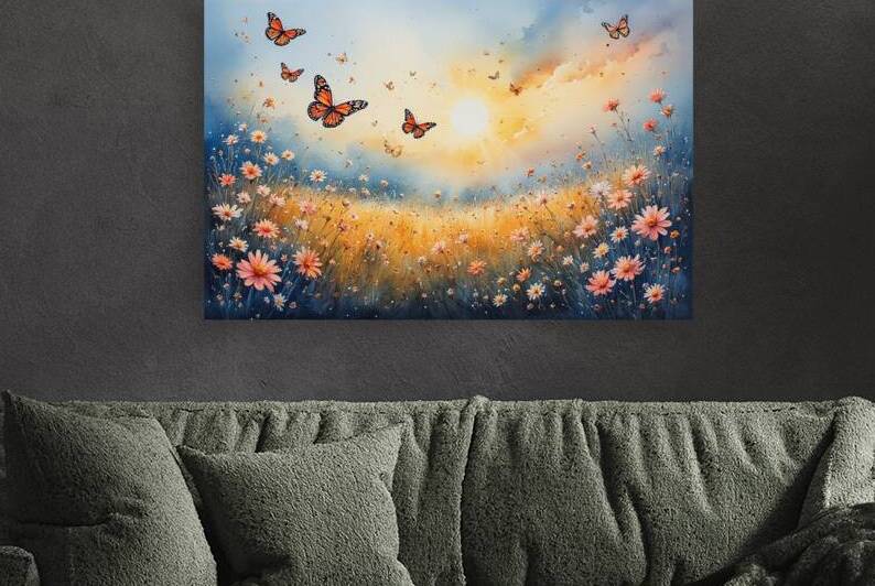 Butterflies in Wildflower Meadow Art Print – Cottagecore Nature Wall Art Colorful Butterfly Landscape for Rustic Farmhouse or Garden Decor by abdodd
