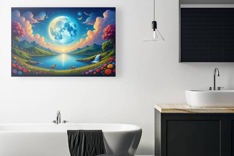 “Enchanted Moonlit Valley Landscape – Dreamy Nature Wall Art with Deer and Full Moon Reflection by abdodd
