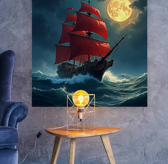 Red Sails Under Full Moon – Dramatic Nautical Wall Art of Ship at Sea by abdodd