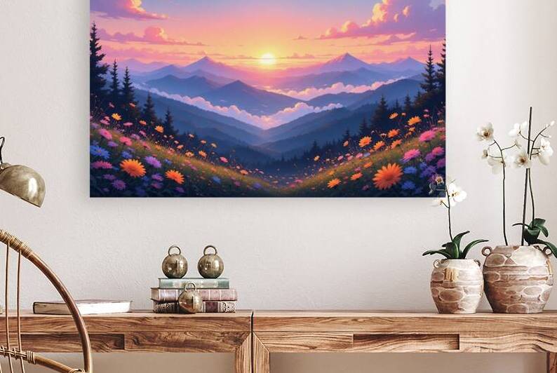 Dreamy Sunset Over Mountain Valley – Serene Landscape with Wildflowers and Golden Sky by abdodd