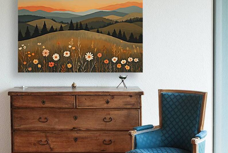 Golden Sunset Over Wildflower Hills – Warm Earth Tone Landscape Painting by abdodd