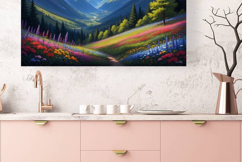 Vibrant Alpine Meadow with Snow-Capped Peaks – Colorful Mountain Landscape Art by abdodd