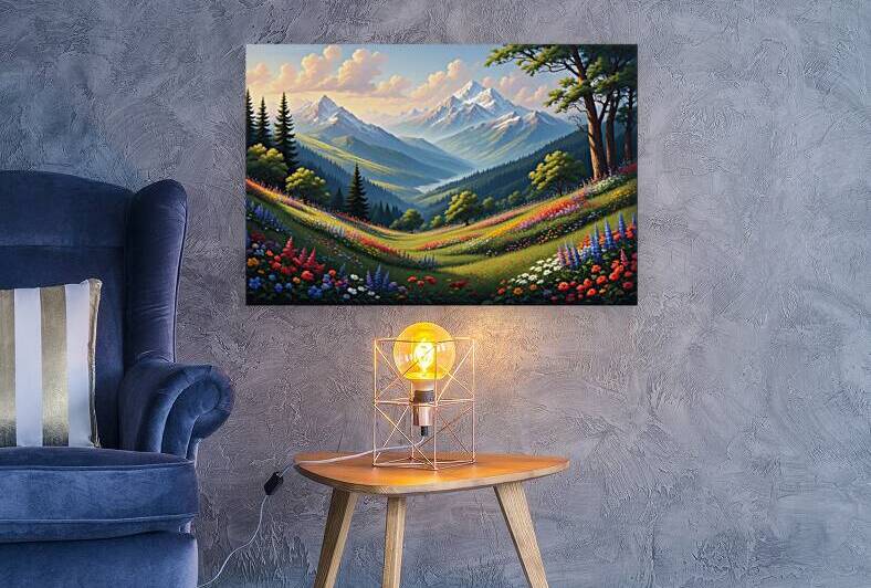 Colorful Alpine Meadow with Snow-Capped Mountains – Bright Nature Landscape Painting with Wildflowers and Serene Mountain View by abdodd