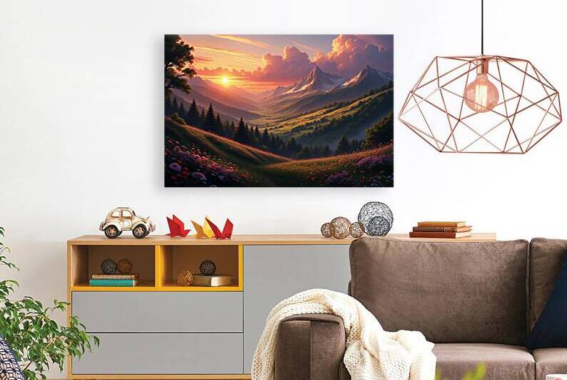 Majestic Sunset Over Mountain  -ValleyDreamy Sunset Over Mountain Valley – Serene Landscape with Wildflowers and Golden Sky by abdodd