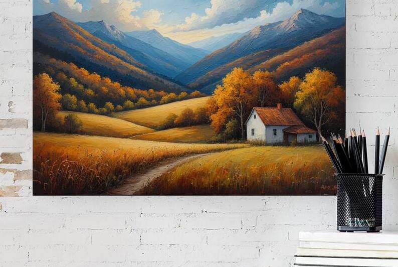 Rustic Autumn Cottage in Mountain Valley – Countryside Landscape Painting with Golden Fields Cozy Home and Peaceful Fall Scenery by abdodd