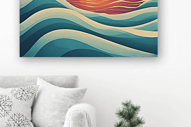 Retro Ocean Sunset Wall Art – Minimalist Coastal Waves Landscape Print by abdodd