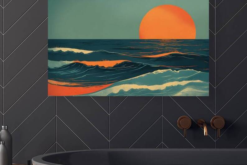 Mid-Century Modern Seascape Wall Art – Abstract Ocean Waves Sunset by abdodd