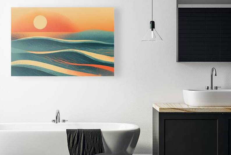 Minimalist Ocean Waves Wall Art – Calm Sunset Coastal Landscape by abdodd