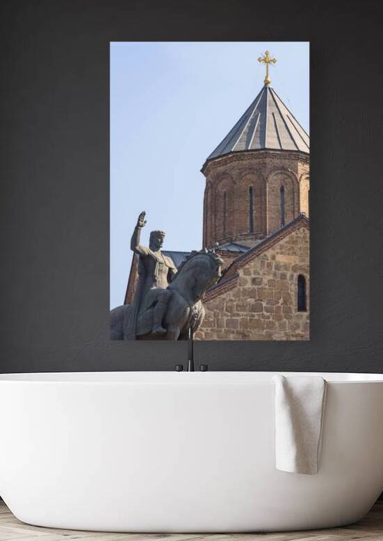 King Vakhtang Gorgasali monument and Metekhi church of the Nativity on a cliff above Mtkvari river in Tbilisi Georgia by Mirko Kuzmanovic