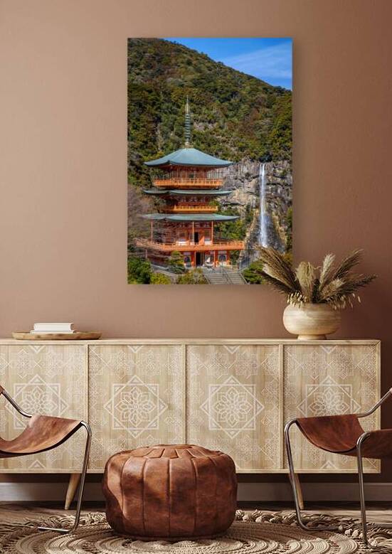 Three story pagoda of Seiganto ji Tendai Buddhist temple in Wakayama Prefecture Japan with Nachi Falls by Mirko Kuzmanovic