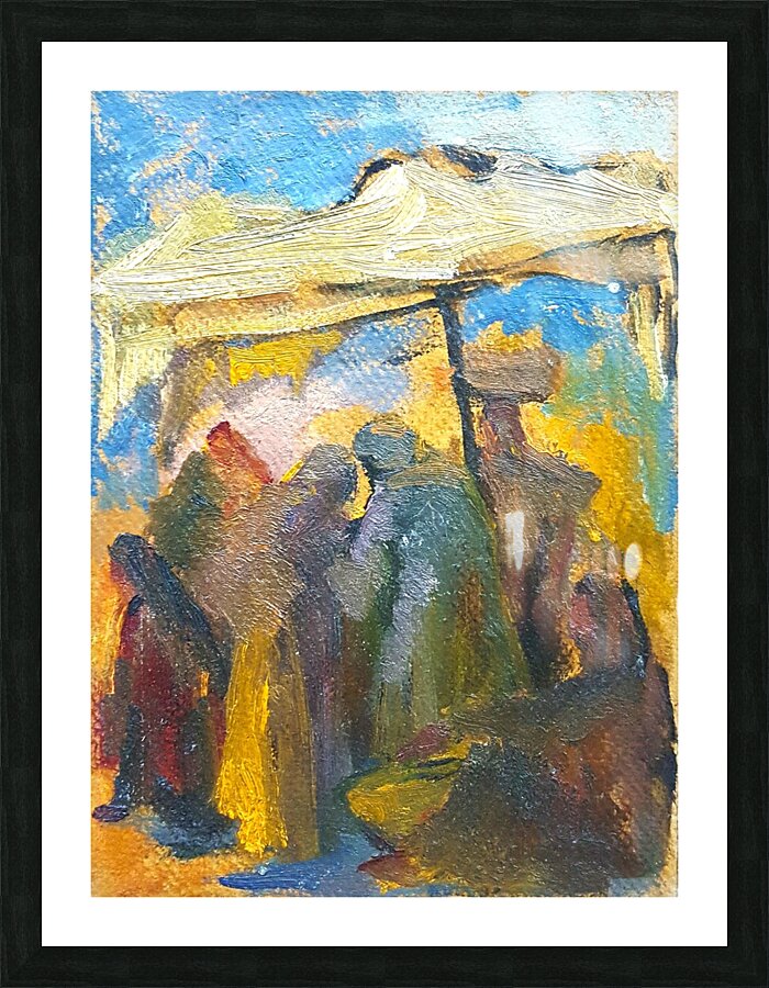 Talking under white tent. Picture Frame print