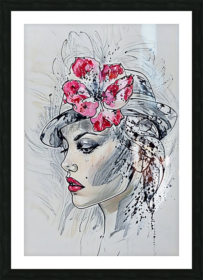 ArtXcl 334 portrait woman red lips flower pencil Picture Frame Printing