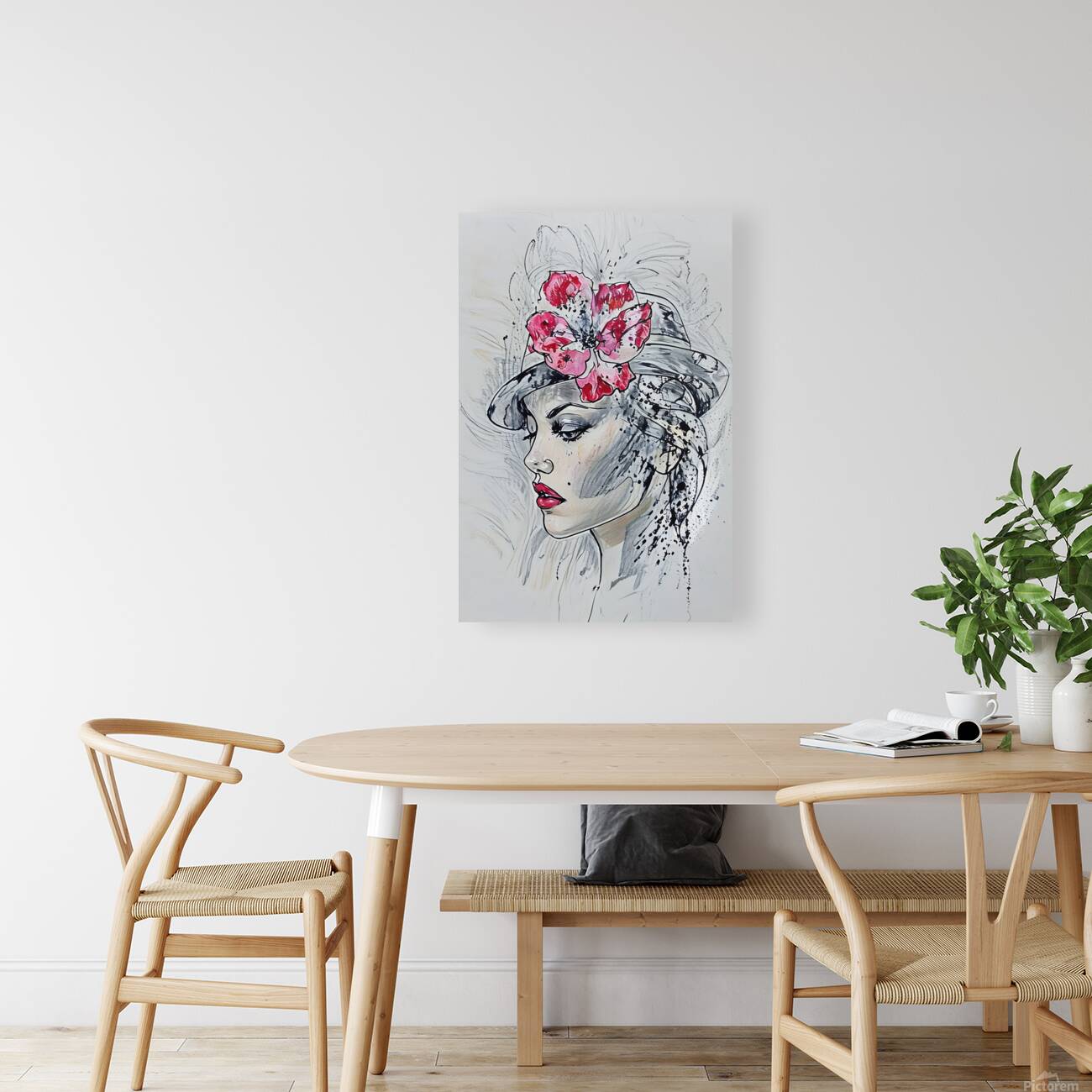 ArtXcl 334 portrait woman red lips flower pencil Reproduction