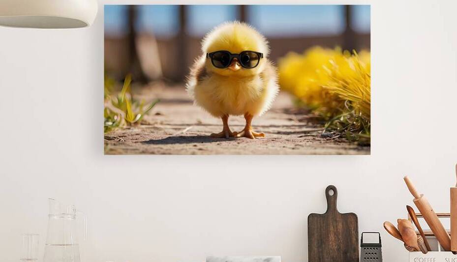 A stylishly chic baby chick struts confidently through the sunlit farmyard sporting trendy sunglasses that reflect the vibrant hues  by GHANM ALYOUSEF