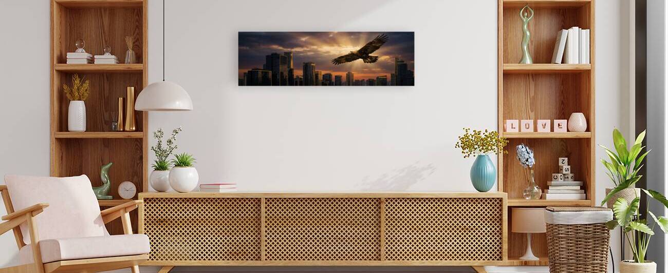 Visionary Empire: Golden Eagle Soaring Over Modern Skyline by  Auralis Noctua