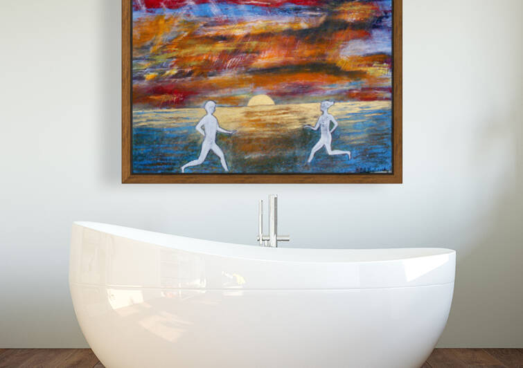 Homme et femme au coucher de soleil courant lun vers lautre dans leau by Anneda