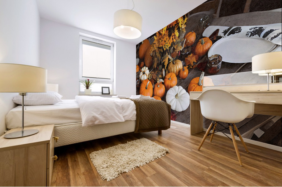 Colorful pumpkins on table Mural print