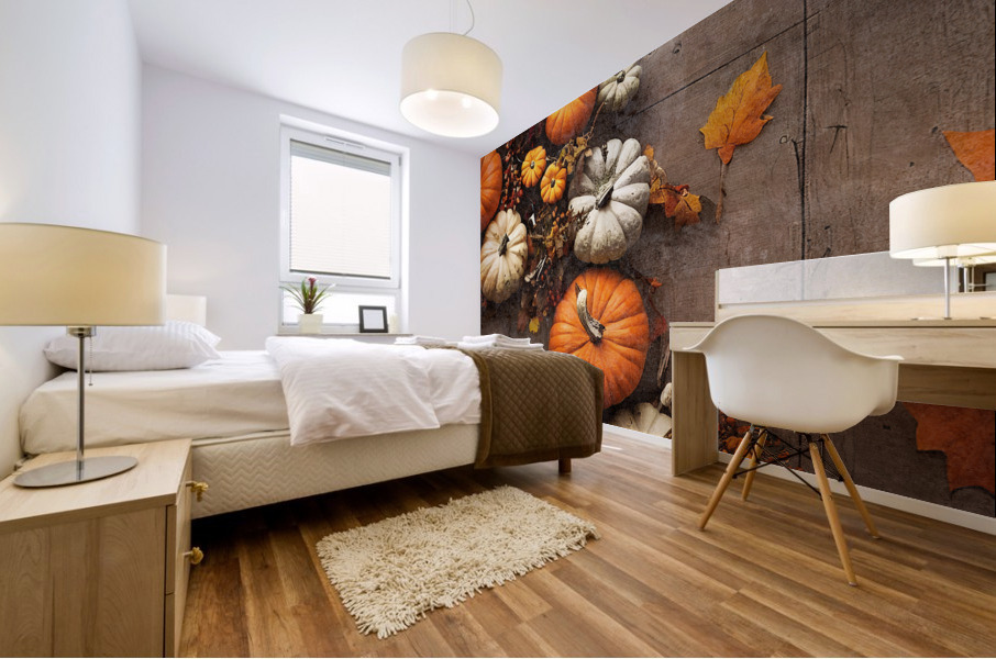 Autumn decorations on table Mural print