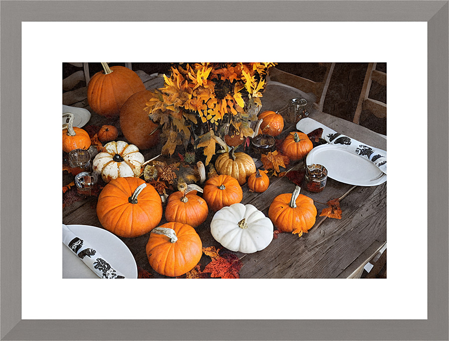 Colorful pumpkins on table Picture Frame print