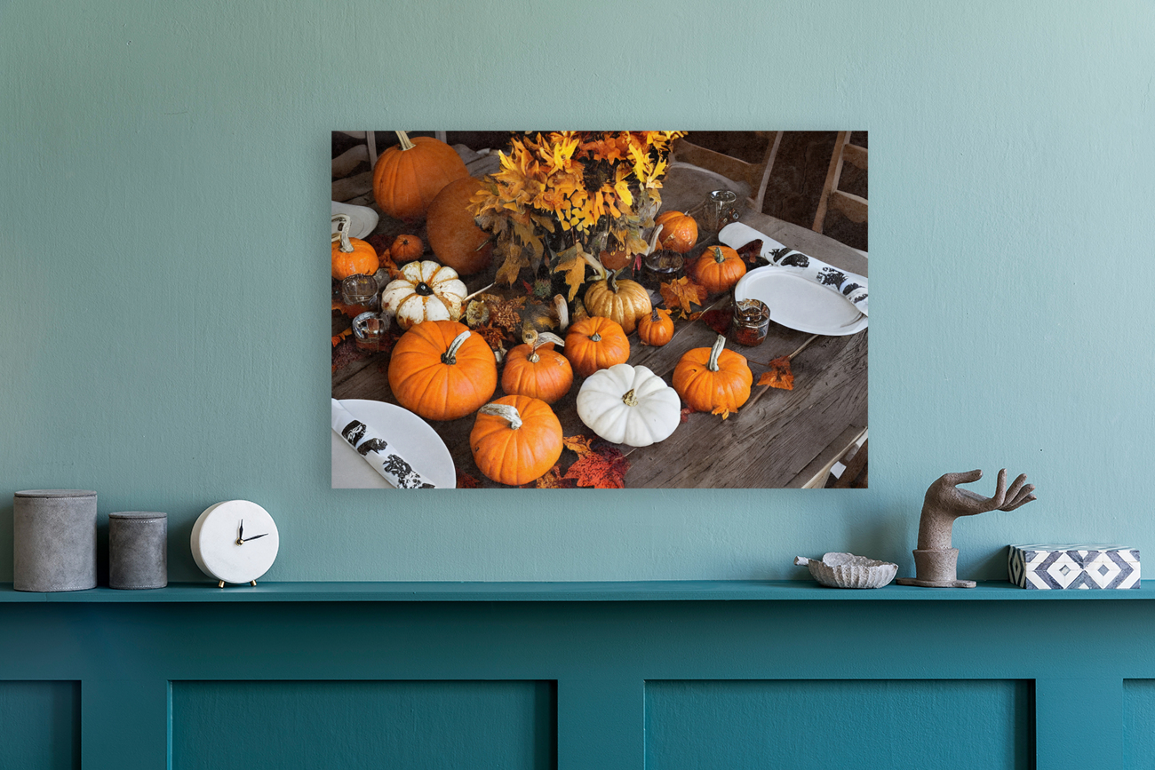 Colorful pumpkins on table Reproduction