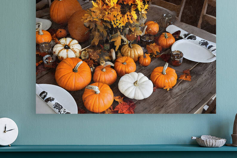 Colorful pumpkins on table by Thevectoryfloor
