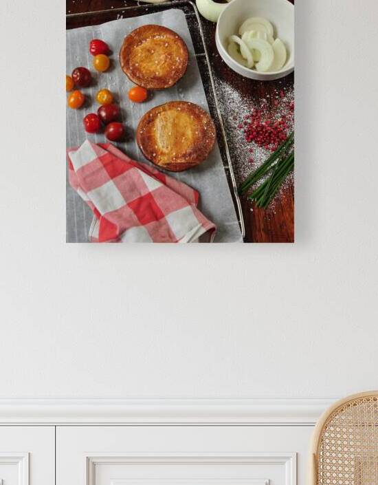 High angle view of chicken pies with ingredients on wooden table by Thevectoryfloor
