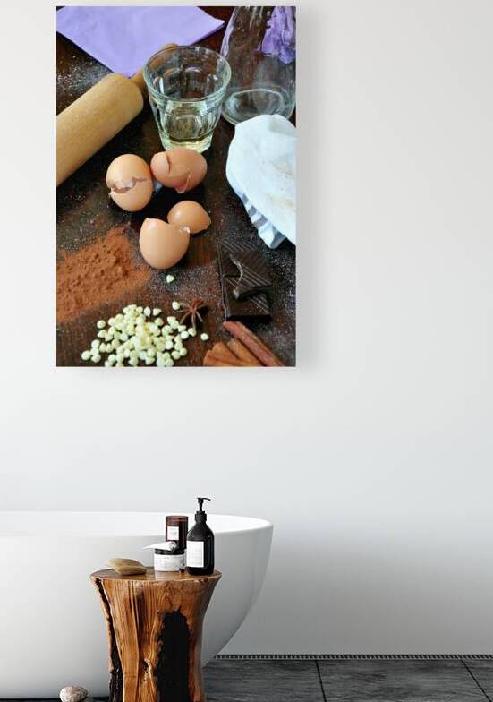 High angle view of baking ingredients on wooden table by Thevectoryfloor