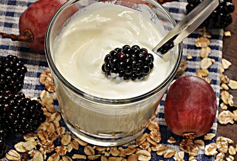 High angle view of yogurt and fruits on plaid tablecloth by Thevectoryfloor