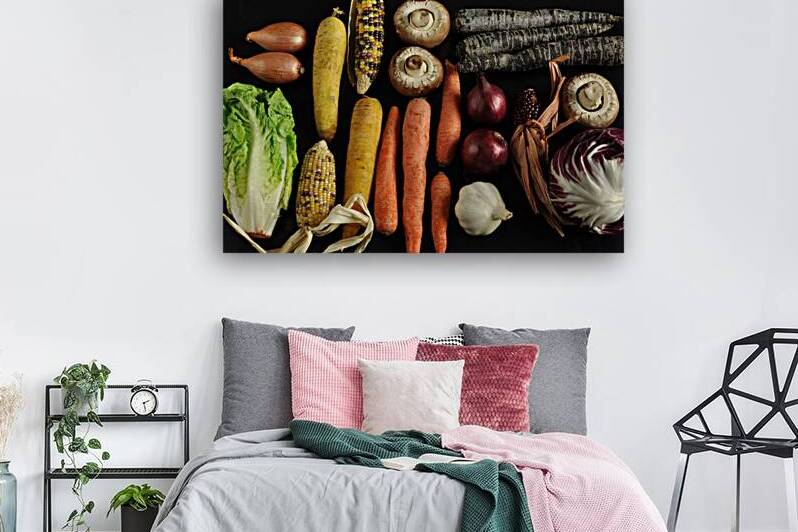 Directly above shot of multi colored vegetables on black background by Thevectoryfloor